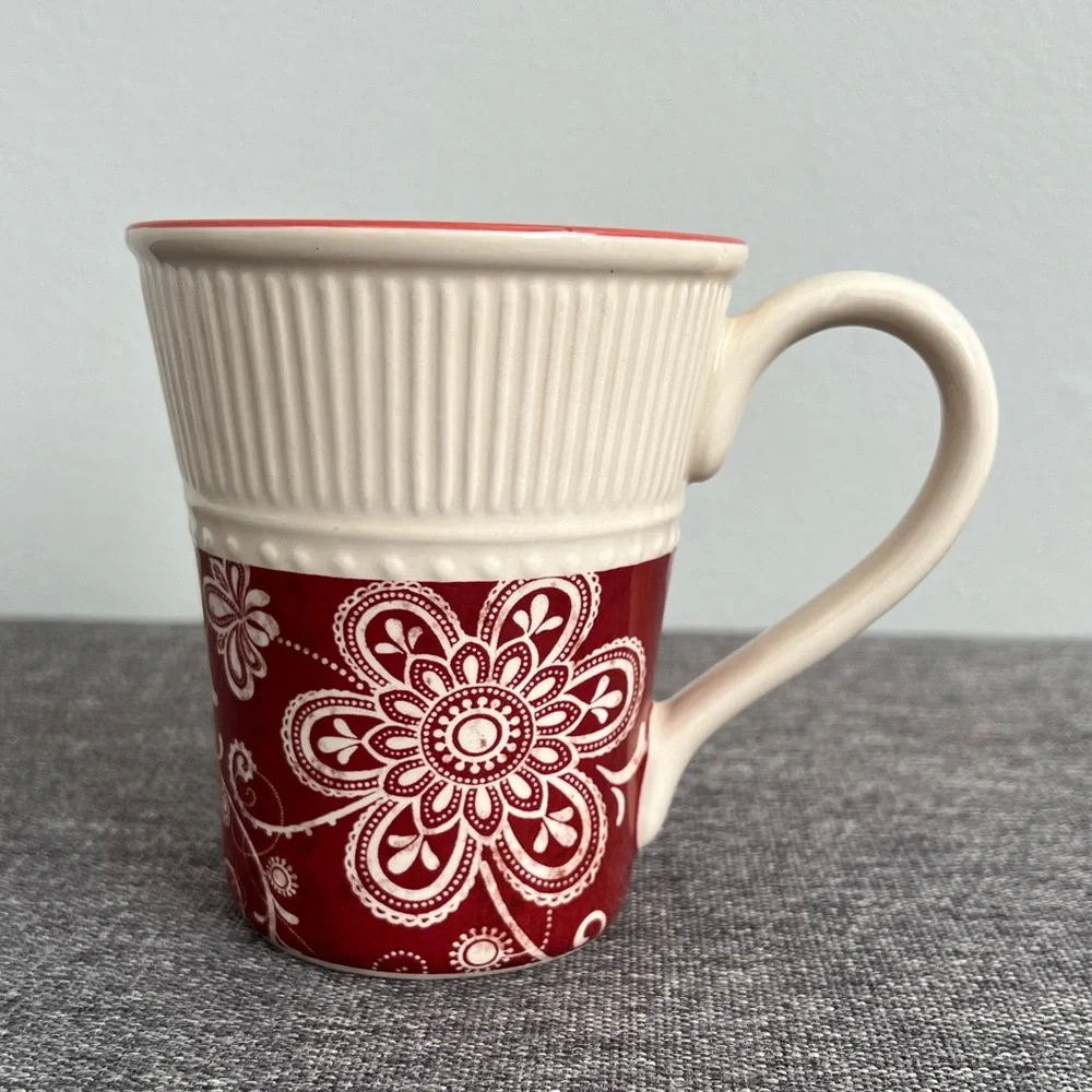Pier 1 Imports Maribeth Red Cream Floral Coffee Mug Ridged Ironstone CHIPS READ